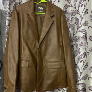 Original Zara Leather Effect Brown Coat Size-L